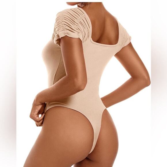 Bodysuit Square Neck Stretchy Ribbed Short Sleeve Casual One Piece Tops Size M - Picture 3 of 5